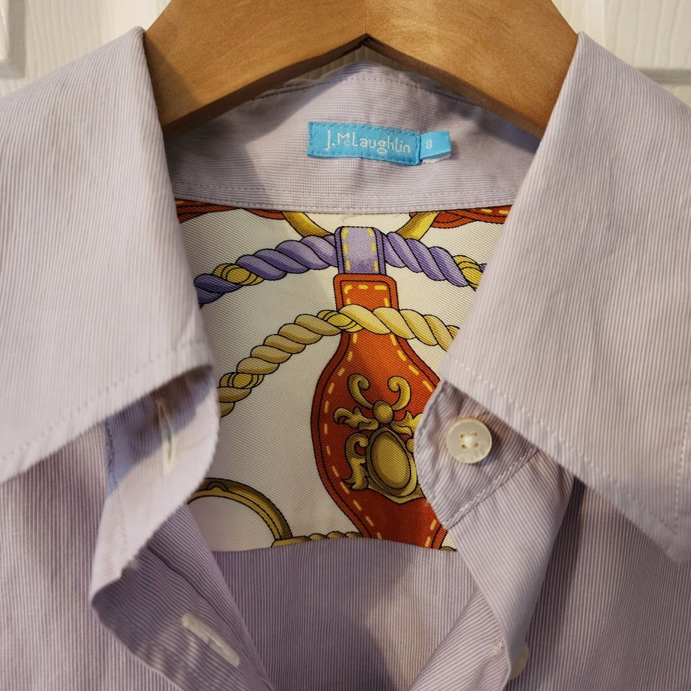 J. McLaughlin Purple Thin White Stripe Button Down Shirt with Silk cuffs Size 8 - Picture 4 of 14
